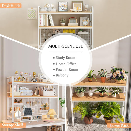 CARLA HOME 2-Tier Metal Desktop Hutch Bookshelf with Grid Panel for Computer Desk and Office Countertop