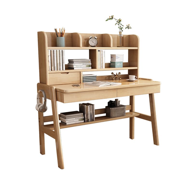 Ave Solid Wood Study Desk with Shelf and Drawers/Bookcase/Rubberwood/Pink