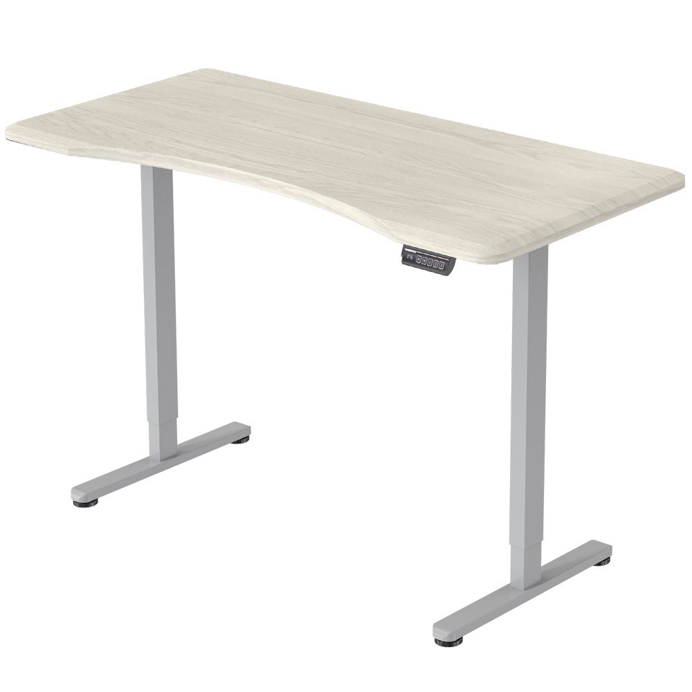 FORTIA Sit To Stand Up Standing Desk, 150x68cm, 72-118cm Electric Height Adjustable, Ergonomically Curved Edge, 50kg Rated, White Oak Style/Silver Frame