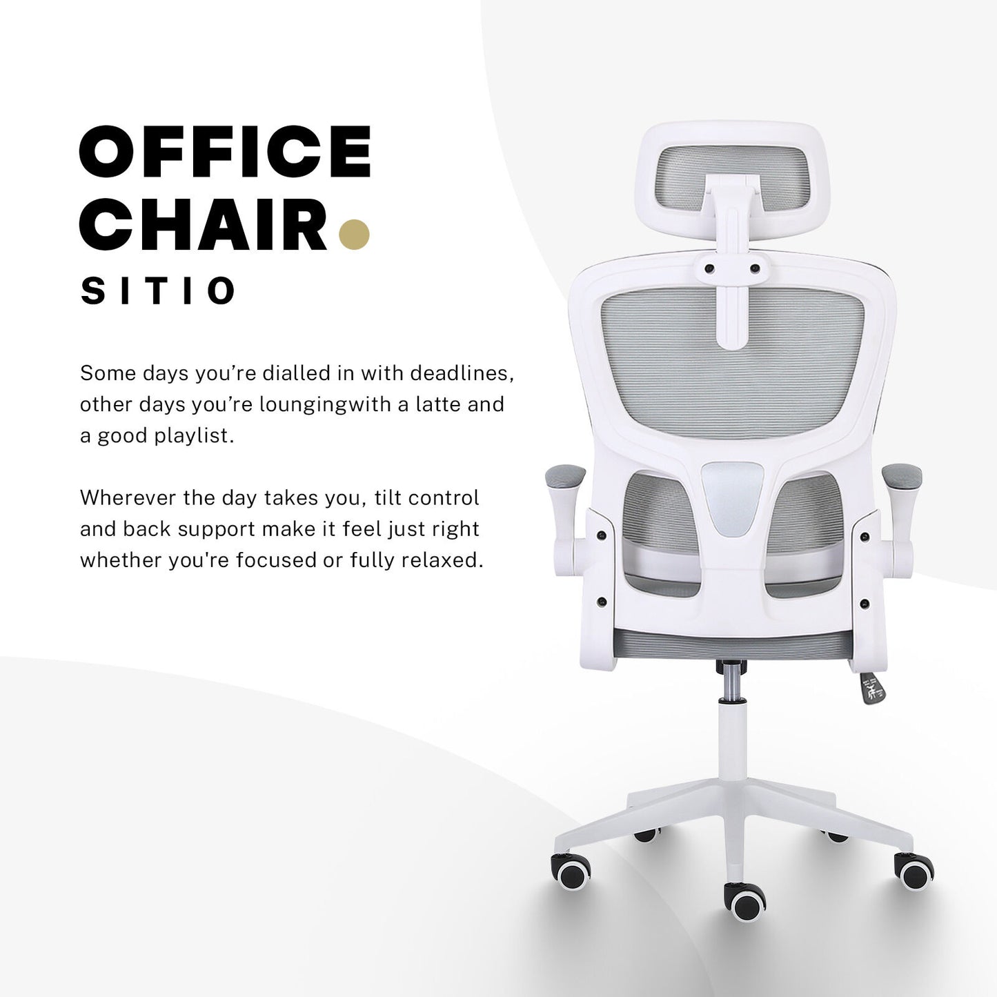 Work Office Chair - Lumber Support, Flip-up Armrest, Adjustable Headrest SITIO - GREY