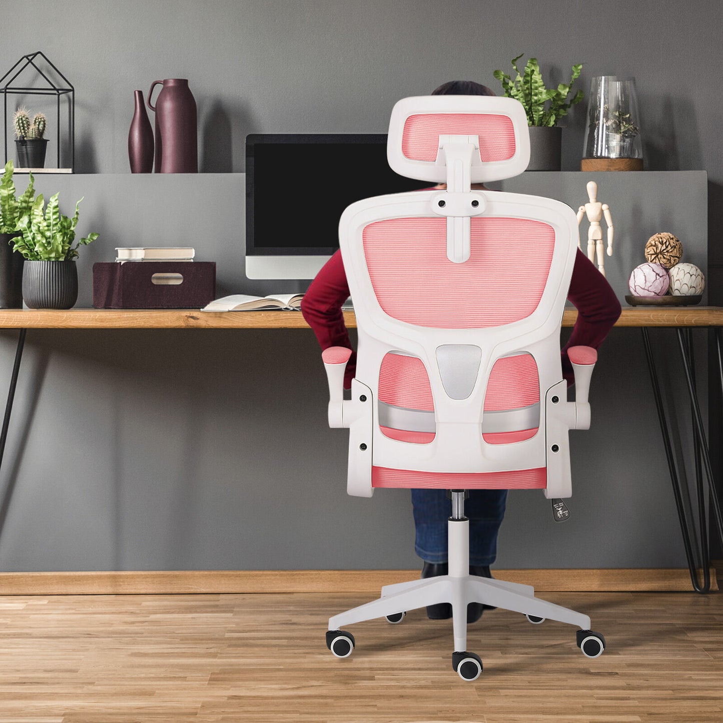 Work Office Chair - Lumber Support, Flip-up Armrest, Adjustable Headrest SITIO - Pink