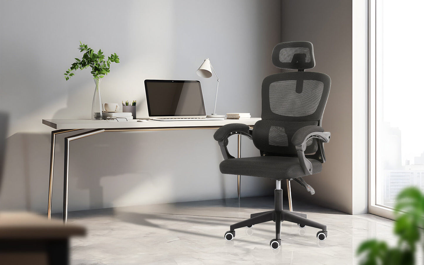 Ergonomic Reclining Office Chair - Lumbar Support, Adjustable Headrest VELTRA - BLACK