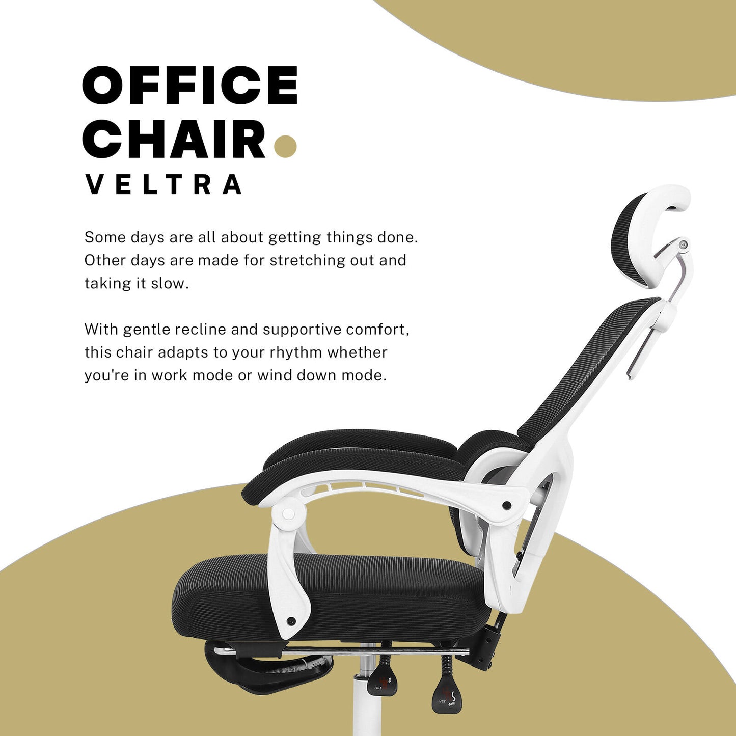 Ergonomic Reclining Office Chair - Footrest, Lumbar Support, Adjustable Headrest VELTRA - BLACK