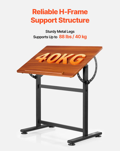 VEVOR Drafting Table Adjustable 0°–90° Tilt Wooden Drawing Desk with H-Frame